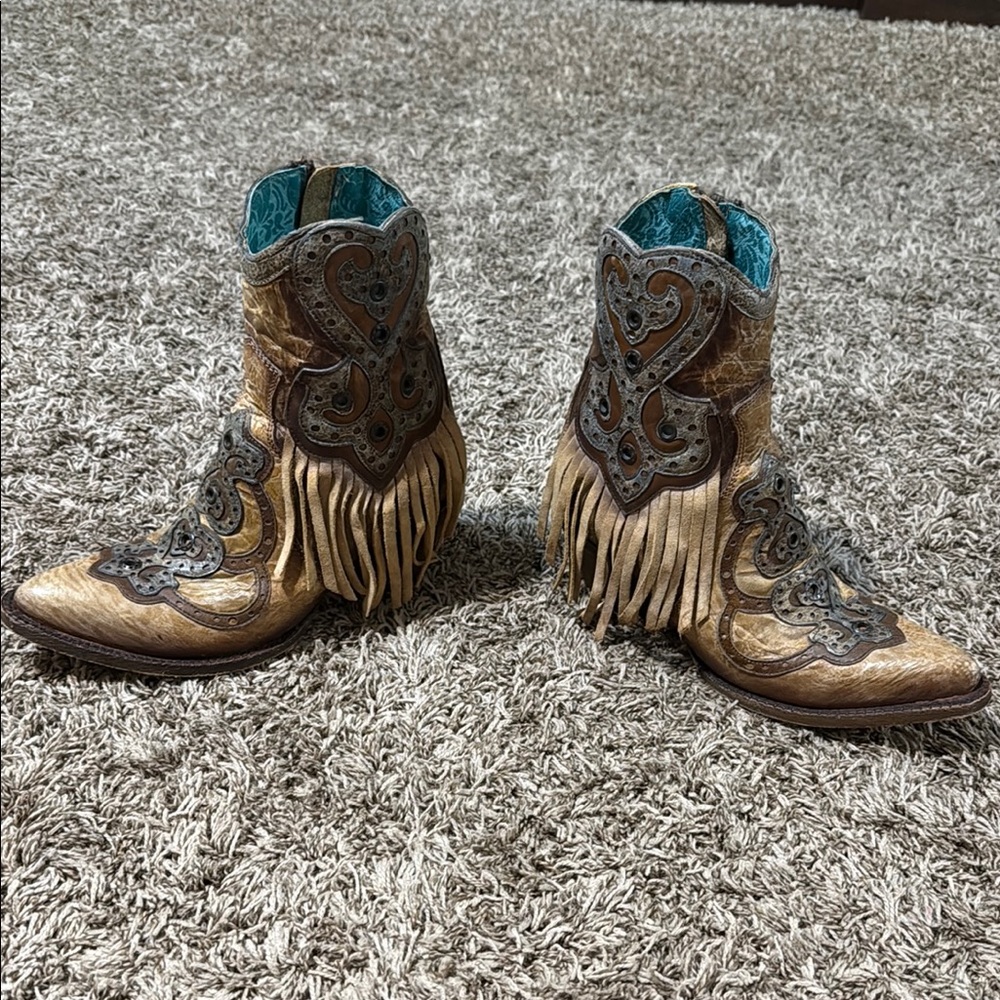 Corral Tan and Brown Ankle Booties with Fringe